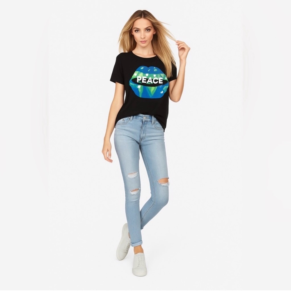 EUC Lauren Moshi Black Peace Lips Graphic Tee | Soft Cotton Blend Size S